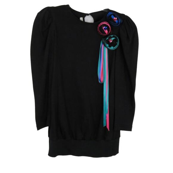 Just Tina 80s Vintage Sweater Black Ribbon Rose Rhinestone Funky Retro Large - Picture 2 of 5